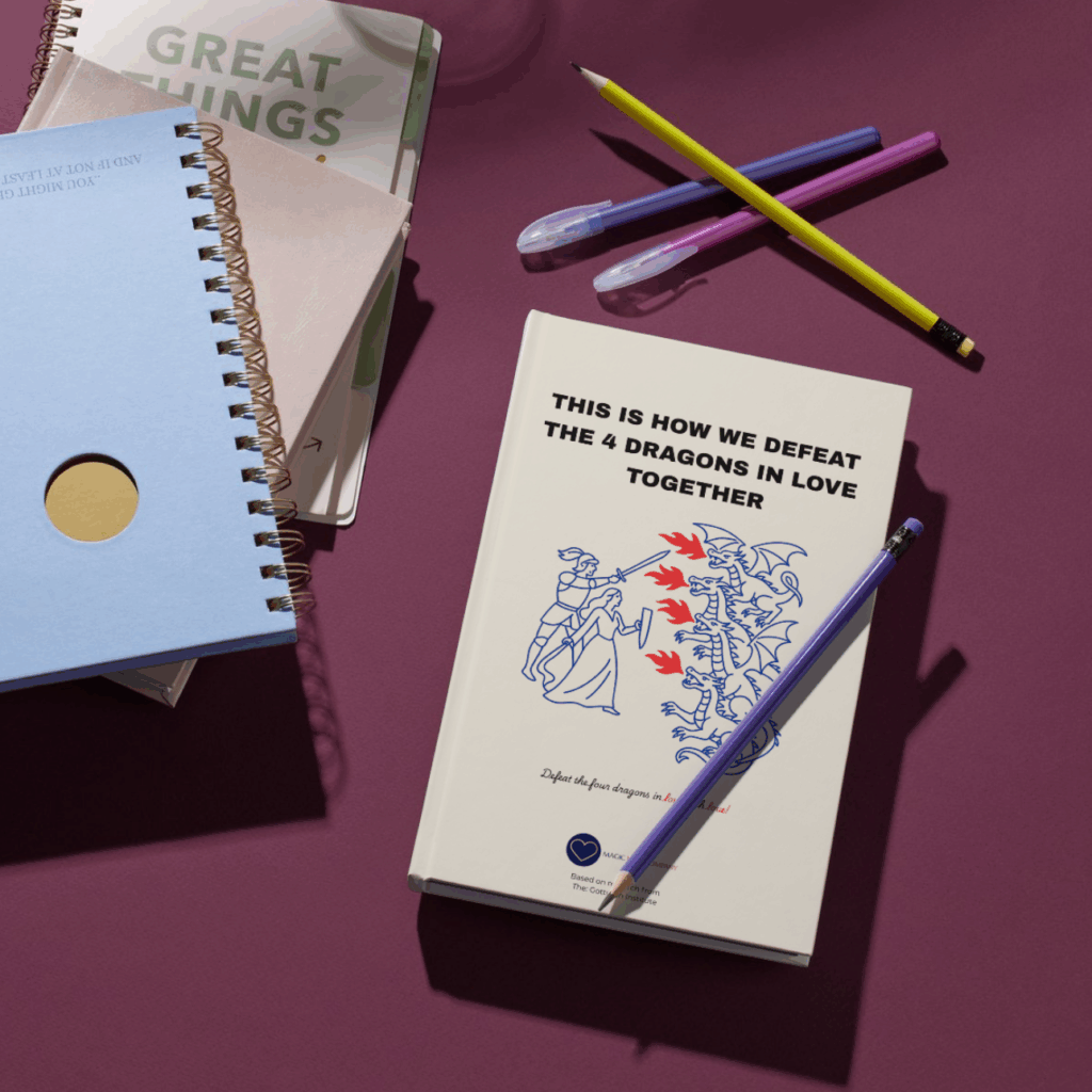 a brochure of the 4 dragons lying on a table with a tea next to it