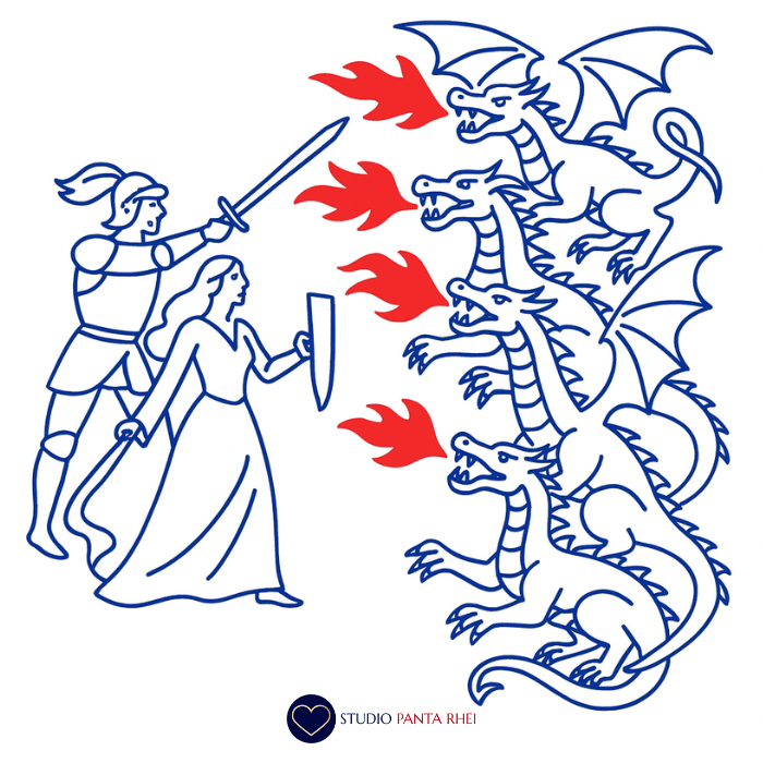 man and lady defeating 4 dragons